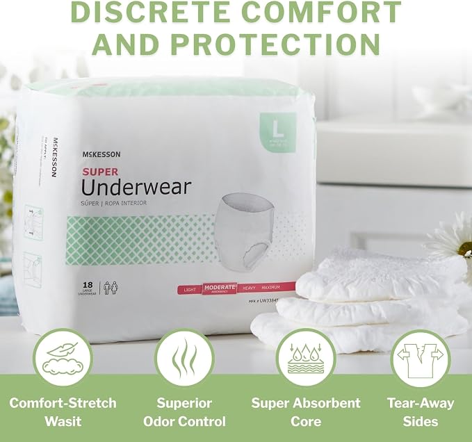 McKesson Super Adult Incontinence Underwear, Large, Moderate, 58 in, 18 ct | Postpartum and Incontinence Support
