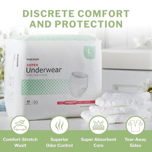 McKesson Super Adult Incontinence Underwear, [72 Count], Moderate Absorbency, Large, 44-58 in. Unisex Bladder Leak Protection, Pull-On Style with Tear-Away Sides, Postpartum and Incontinence Support