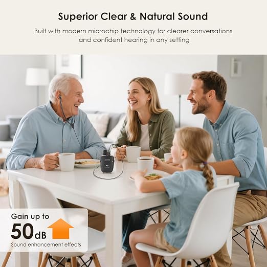 Hearing-Amplifiers for Seniors, Sound-Amplifier with Adjustable Volume & Tone Control, Handheld Pocket Size Hearing Assisted Devices with Replaceable Microphone, Headphones, Earbuds, Batteries