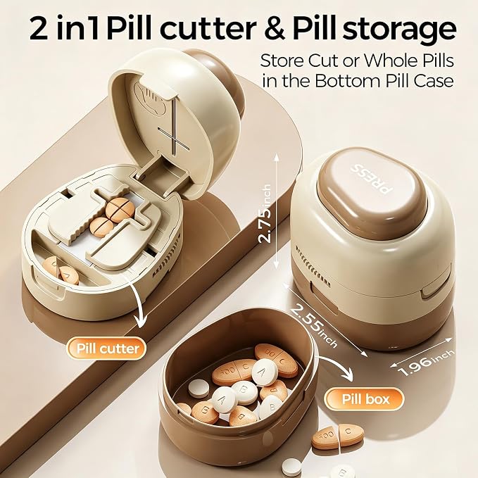 Adjustable Pill Cutter Splitter for Small and Tiny Pills, 1/2 1/4 Pill Splitter for Small Pills Vitamins Tablets, Accurate Alignment & Easy Cutting, Hidden Sharp Blade, Bottom Storage (Brown)