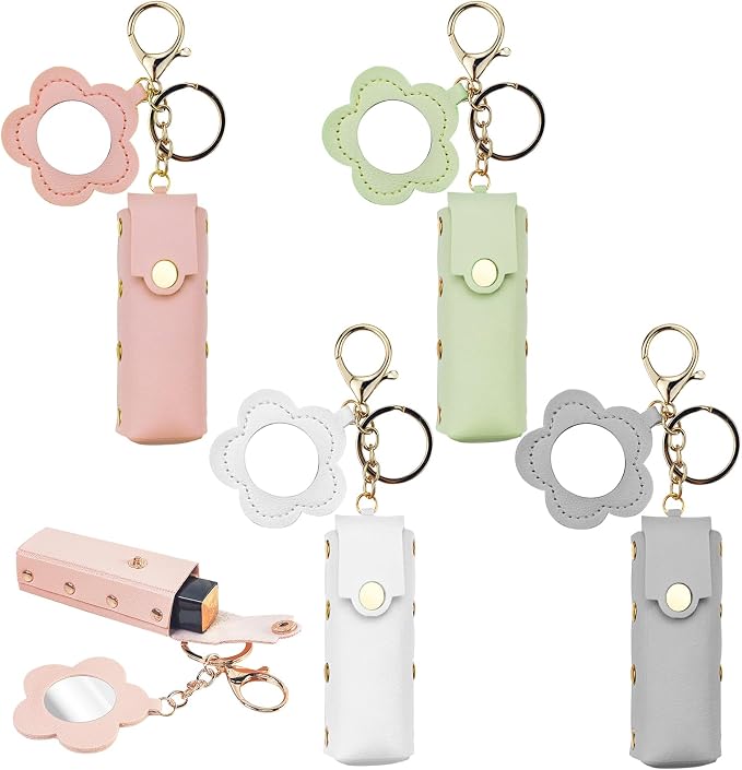 Arvintas 4 PACK PU Leather Potable Chapstick Holder Key Chain Bulk with Mirror, Lipstick Keychain, Lip Balm Organizer Holder Lipstick Travel Makeup Storage Case for Women Girls (Style 3)