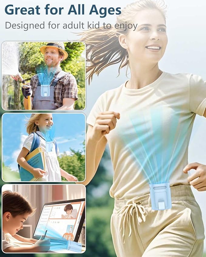 Belt Fan Clip On Waist Portable Cooling Fan-Small Lightweight Person Chargeable Strong Airflow Handsfree Neck Fan Neckband,Blue Inside T Shirt Fans that Blow Cold Air for Construction Workers Children