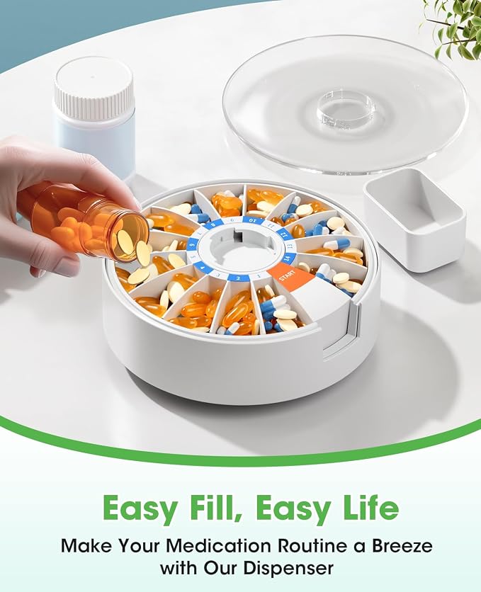 Daviky Daily Pill Dispenser, Large Capacity 14-Day Pill Organizer Box | Push Button Dispensing, Easy Open, Wall-Mounted or Standing, 14 Compartments, Senior-Friendly, for Medication & Vitamins