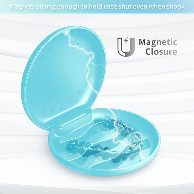 Denture Case Orthodontic Retainer Case with Vent Holes, Annhua Dental Mouthguard Container Aligner Case Slim with Magnetic Closure for Household|Travel|Office - Light Blue