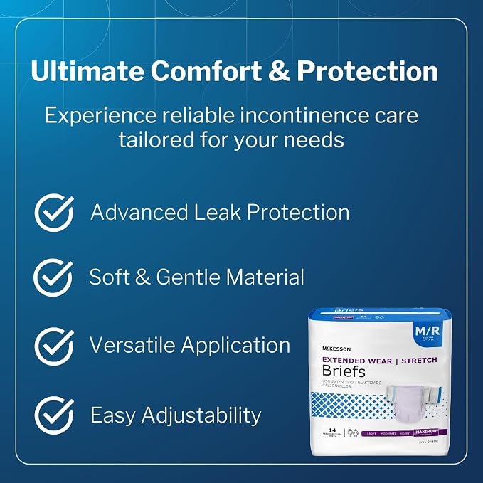 McKesson Extended Wear Stretch Briefs, Maximum Absorbency, 54 in, 56 ct | M/R, Unisex, Disposable, Elastic Leg Gathers and Contoured Fit for Men and Women, Incontinence