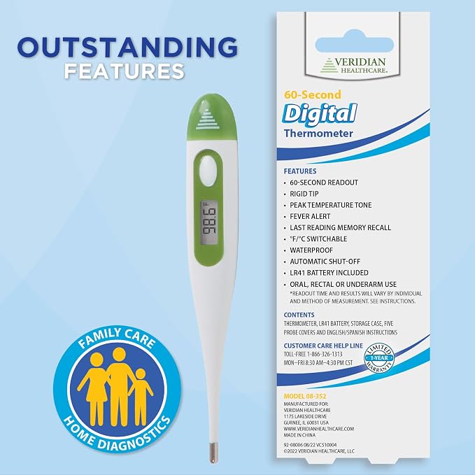 Veridian 60-Second Digital Thermometer with Fever Alert | Rigid Tip for Oral, Rectal & Underarm Use, Memory Recall, Water-Resistant, Storage Case & Probe Covers