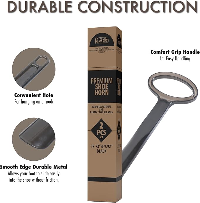 Velette 2 Pack Plastic Shoes Horns - 17.7" Extra Long Shoe Horn for Seniors, Shoe Horn Long Handle for Seniors - 10" Travel Shoes Horns for Men, Women & Kids - Shoehorn Long-Handle, Gifts for Elders