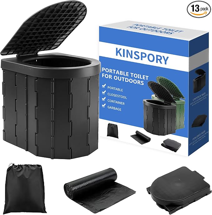 KINSPORY Camping Toilet, Portable Toilet for Adults & Kids, Foldable Potty & Outdoor Emergency Sanitation Products, Trash Can, Stool for Car Truck Camping Travel Hiking Fishing Long Trips (Deep Black)