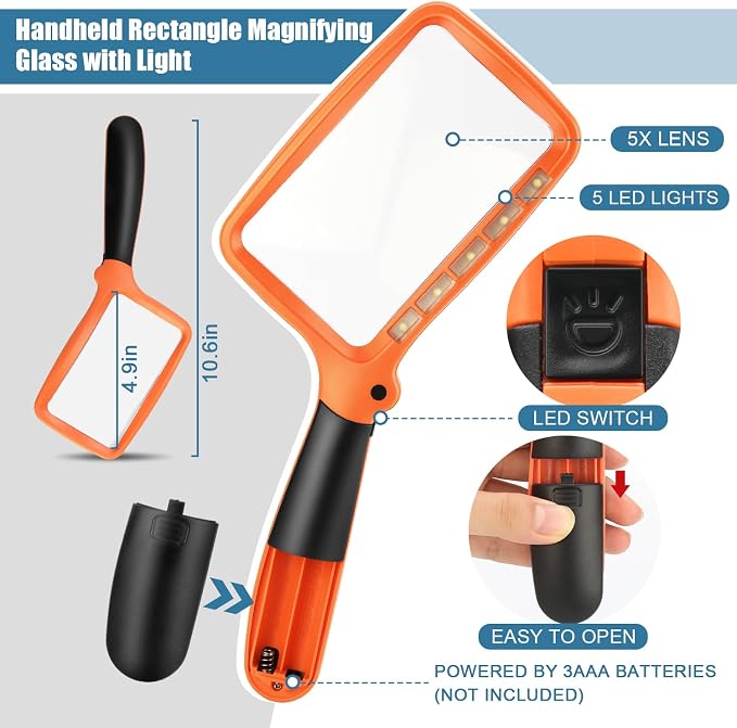 Folding Handheld Magnifying Glass with Light, 5X Large Rectangle Reading Magnifier with Dimmable LED for Seniors with Macular Degeneration, Newspaper, Book, Small Print, Lighted for Low Visions Orange