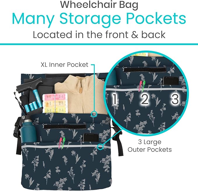 Vive XL Wheelchair Accessories Bag - Waterproof, Scratch-Resistant, Double-Stitched, Machine Washable for Adults, Seniors, 15 Colors - Storage Walker Backpack to Hang on Back