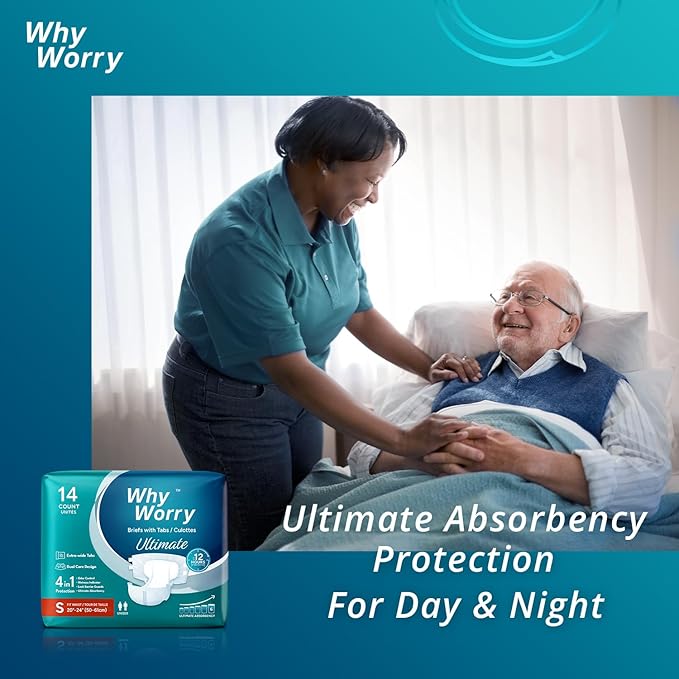 WhyWorry Ultimate Adult Diapers for Men and Women, Disposable Adult Briefs with Tabs for Incontinence, Unisex Incontinence Briefs with Tabs, Ultimate Absorbency, Odor Control, XLarge, 14 Count