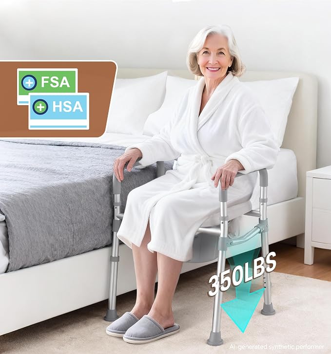 soundfuse Bedside Commode Toilet, Padded Seat and Backrest, Aluminum Frame | Height Adjustable, Dual-Crossbar, Portable Toilet for Seniors and Adults, Removable Potty Bucket, Tool-Free Assembly, 350 lbs