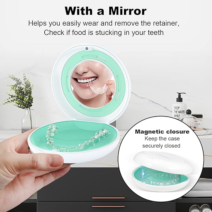 2PCS Retainer Case with Mirror and Adjustable Vent Holes, Cute Slim Aligner Case Compatible with Invisalign, Night Mouth Guard Case, With Retainer Remover Tool, Chew & Brush, White+White