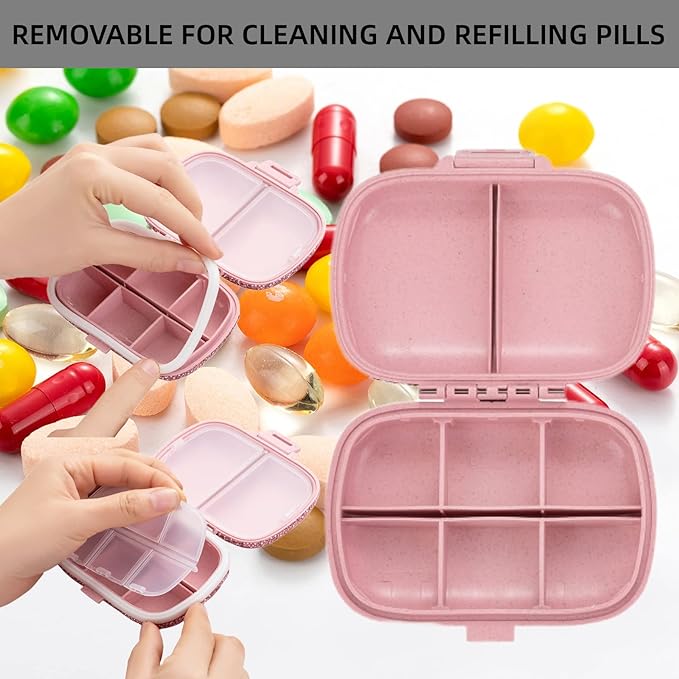 Cute Pill Organizer Small Bling Pill Case for Purse Medicine Vitamin Container Holder Daily Pill Box Container for Women Travel Medicine Kit(Letter M Pink)