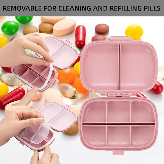 Cute Pill Organizer Small Bling Pill Case for Purse Medicine Vitamin Container Holder Daily Pill Box Container for Women Travel Medicine Kit(Letter E Pink)