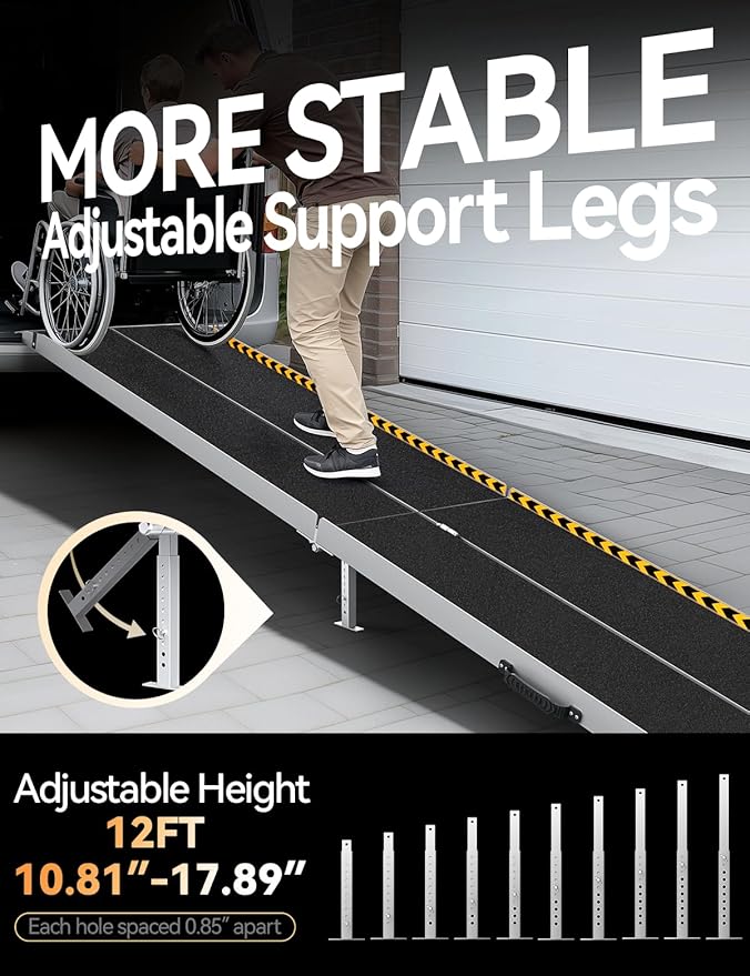 FACHNUO 12 Feet Wheelchair Ramp with Support Legs, Folded Aluminum Handicap Ramps, Portable Detachable Wheel Chair Ramp for Home Steps, Stairs, Entry, Threshold, Doorways, 800LBS Capacity
