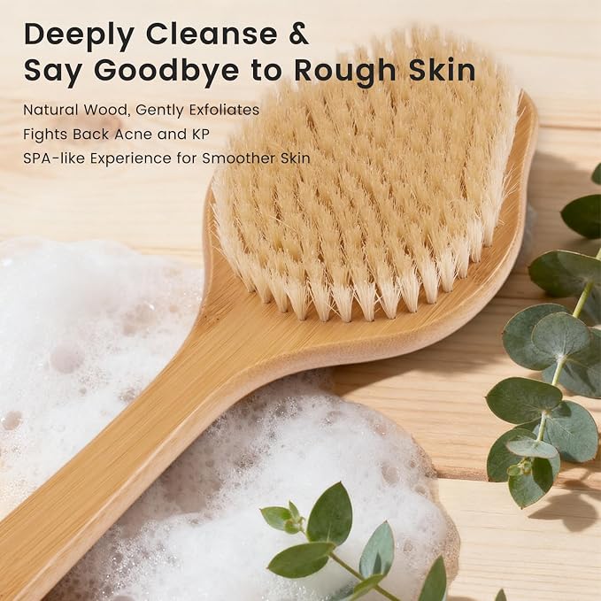 Back Scrubber for Shower，17in Bamboo with Curved Long Handle - Stiff Natural Boar Bristles for Men and Women, Deep Cleansing and Exfoliating, Anti-Slip Grip for Wet or Dry Brushing