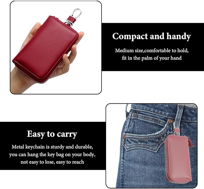 Leather Car Key Holder Bag, Unisex Key Fob Case with 6 Hooks, Zipper Closure Keychian Case Wallet for Smart Keys (Bean Pink)
