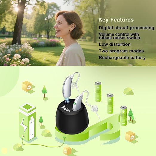 Banglijian Rechargeable Hearing Aids for Seniors - Intelligent DSP Noise Cancellation, Behind-the-Ear (BTE) Design, Easy-to-Use, Comfortable Fit, 20H Battery Life, Magnetic Charging (Silver)