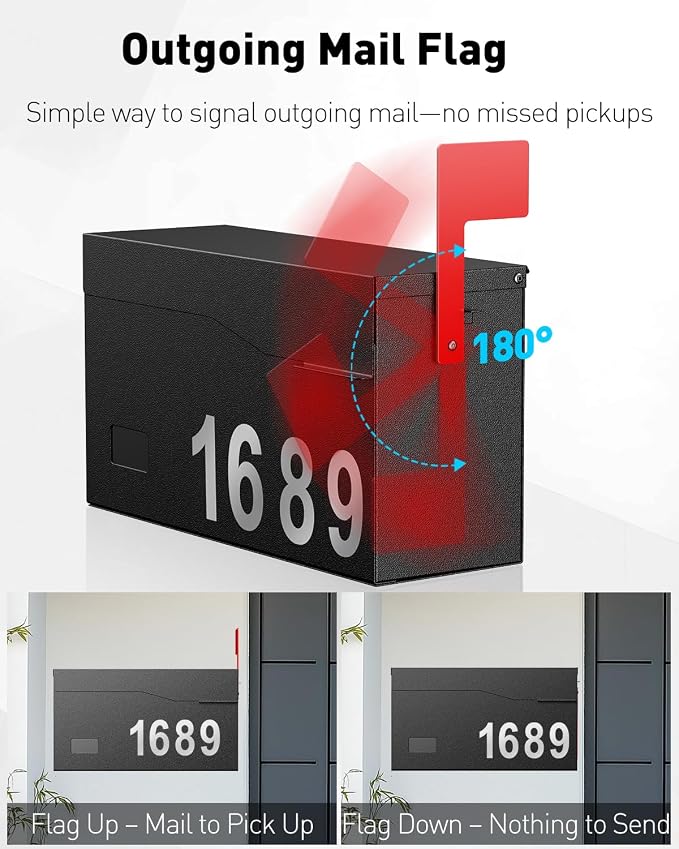 Uniclife Wall Mount Mailbox for Outside (No Locking Mechanism) | Flag & Number Stickers, Large Metal Mail Box for House, Modern Post Box for Outdoor Office Home