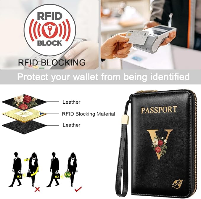 Passport Holder for Travel Personalized Wallet with Wristlet Women | Passport Cover, RFID Blocking, Passport Book Holders, Back Coin Pocket, Zipper Closure, Roses Initial Letter, Black V