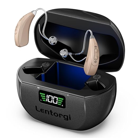 Hearing Aids with UV Cleaning Light, Rechargeable OTC Hearing Aids for Seniors and Adults, Noise Reduction, Battery Level Display, Premium Speech Clarity - Beige
