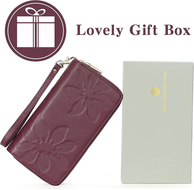 GOIACII Women's Wallet Large Capacity Double Zip Ladies Card Phone Holder RFID Blocking Wristlet Leather