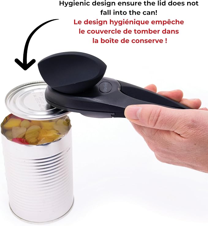 Starfrit MightiCan Can Opener, Safe Smooth-Cut, Comfort Grip, Blue | Safe can opener. Holds lid after cutting. No sharp edges. Comfort grip. Non-slip knob. 3-year warranty.