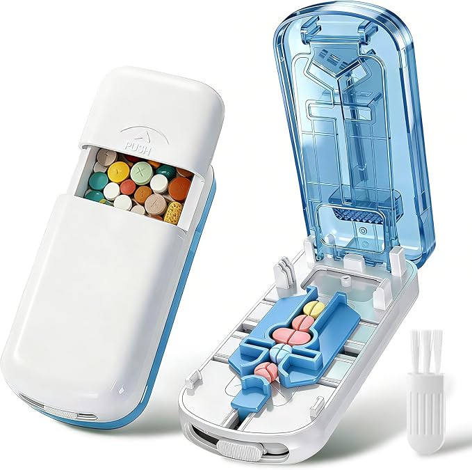Professional Pill Cutter for Small Pills, 3-in-1 Pill Cutter Splitter for Small or Large Pills-Safely Cuts 1/2, 1/3, and 1/4 Multiple Pills Splitter, Adjustable Pill Cutter with Storage (White Blue)