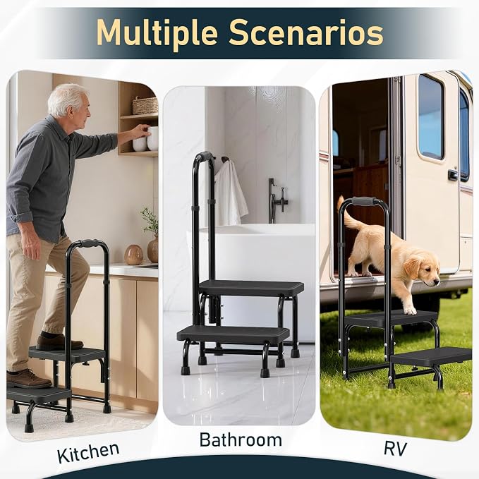 Suteck 2 Step Stool with Handle for Elderly Adults, Adjustable Handrail | 6-Leg Welded Frame, 10-Level Adjustable Handrail, Wide Non-Slip Platform, Bathroom, Kitchen, RV, Black