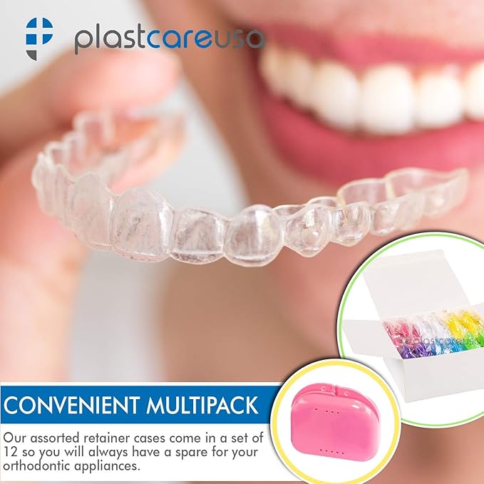 PlastCare USA Assorted Retainer Cases - 120 Individually Sealed Retainer Containers, Dental Storage Container for Aligners, Mouth Guards - Yellow, White, Pink, Green, Purple, Blue (10 Boxes of 12)