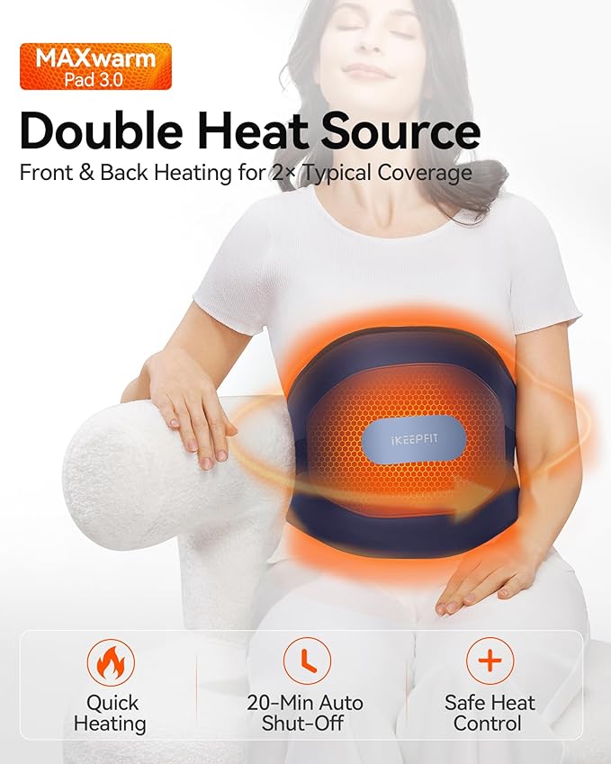 IKEEPFIT® Heating Pad for Back Pain Relief: MAXwarm® 3.0, Portable Cordless Heat Pad with Massager for Period Cramps, 8000mAh Large Battery, FSA Eligible HSA, Christmas Gift for Women Men 90-310 lbs