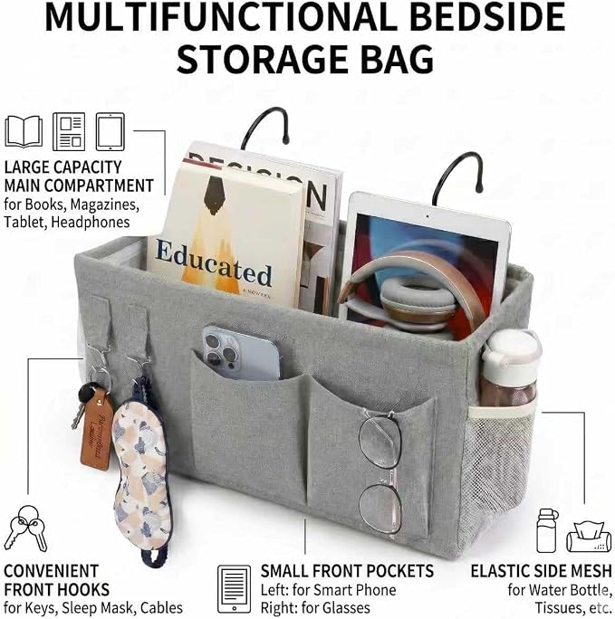 2pc Bedside Caddy Organizer with Hooks, No-Sagging Canvas Hanging Bed Pocket with Water Bottle Holder, Bedside Storage for Dorm Room Essentials, Bunk Bed Accessories, Hospital Bed Rails & Crib (gray)