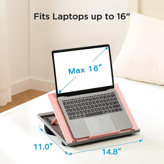 HUANUO Adjustable Lap Desk - with 8 Adjustable Angles & Dual Cushions Laptop Stand for Car Laptop Desk, Work Table, Lap Writing Board & Drawing Desk on Sofa or Bed, Pink | Dual-cushion base, carry handle, 30% thicker for durability, wider anti-slip led...