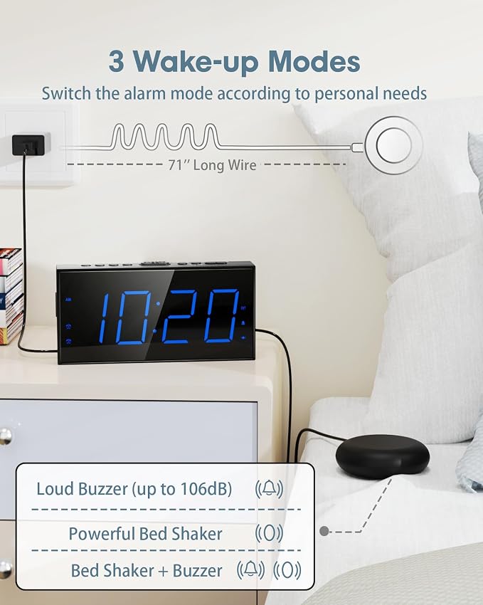 Roxicosly Alarm Clock with Bed Shaker, Vibrating Alarm Clock for Heavy Sleepers/Hard of Hearing/Deaf,Dual Alarms, 7.5’’ Large LED Display, Dimmer, USB Charging Port, Plug-in with Memory Function