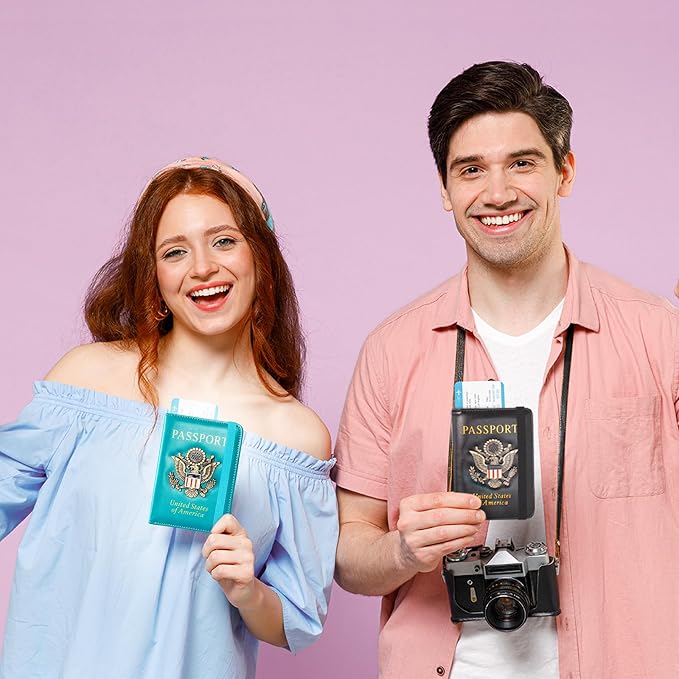 Passport Holder and Card Slot Combo RFID Blocking Leather Travel Passport Wallet for Men and Women US Passport Cover, Light Blue