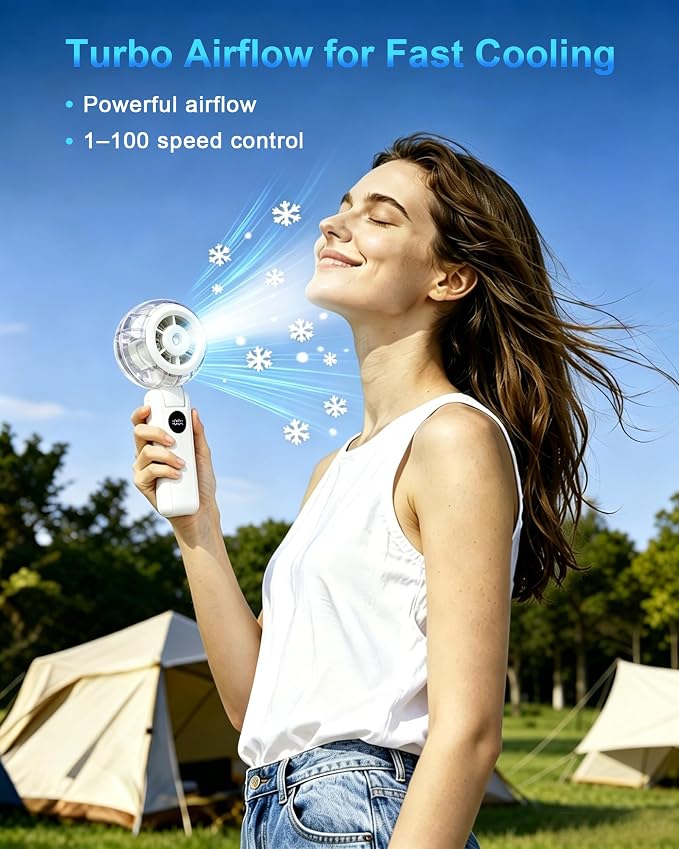 Personal Misting Fan, Rechargeable Handheld Spray Fan | 100-Speed Adjustable Cooling Fan with Water Mist Spray, Foldable Design, Lanyard Included for Outdoor Camping & Travel