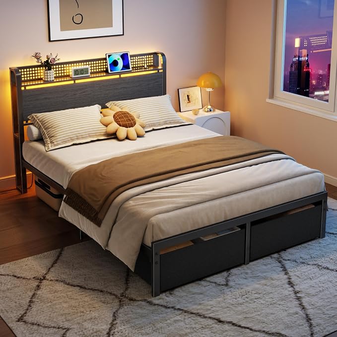 Full Size Bed Frame with Headboard, Charging Station, 2 Drawers | 2-Tier Wood Shelves,LED Lights,1200 Lbs Capacity,USB & Type-C Ports,No Box Spring Needed,Noise Free,Easy Assembly,Rustic Grey