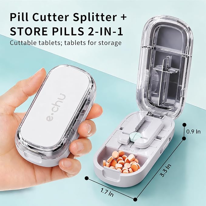 Pill Cutter Splitter for Small and Tiny Pills - Adjustable Pill Splitter with Centering Device for Cutting Multiple Pills, Accurate Alignment and Easy to Use, Storage Organizer (Gray)