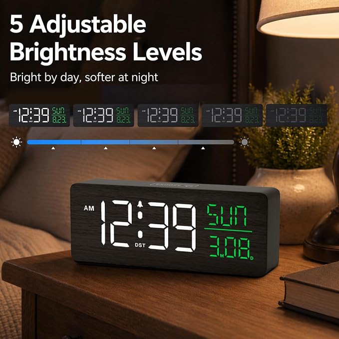 Peakeep Wooden Digital Alarm Clock Large Display, Textured Decoration for Bedroom, Living Room, Plug in Clock with Time Date Day, 5 Brightness, Auto DST