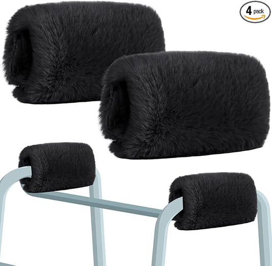 2 Pcs Walker Handle Cushions Fluffy Walker Hand Pads Universal Padded Rollator Hand Cover for Folding Rolling Wheelchair, Senior, Elderly Grippers, with 2 Extra Foam Pads(Black)