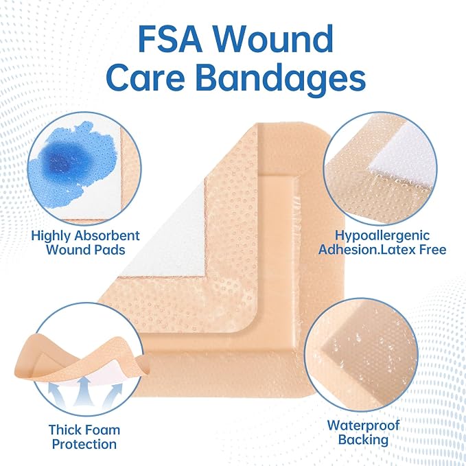 Silicone Foam Dressing Bulk 4"x4"(25 PCS), Waterproof Silicone Large Bandages for Wound with Border Adhesive, High Absorbency Bed Sore Bandages Wound Care Dressing (2.5"X2.5" Pad)