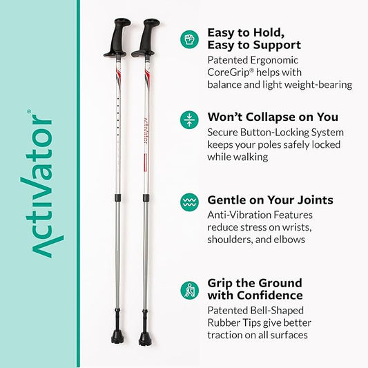 Urban Poling ACTIVATOR® Walking Poles for Balance and Rehabilitation – 1 Pair – Ergonomic CoreGrip™ Handles – Adjustable, Collapsible, and Lightweight for Stability and Recovery in Silver/Red