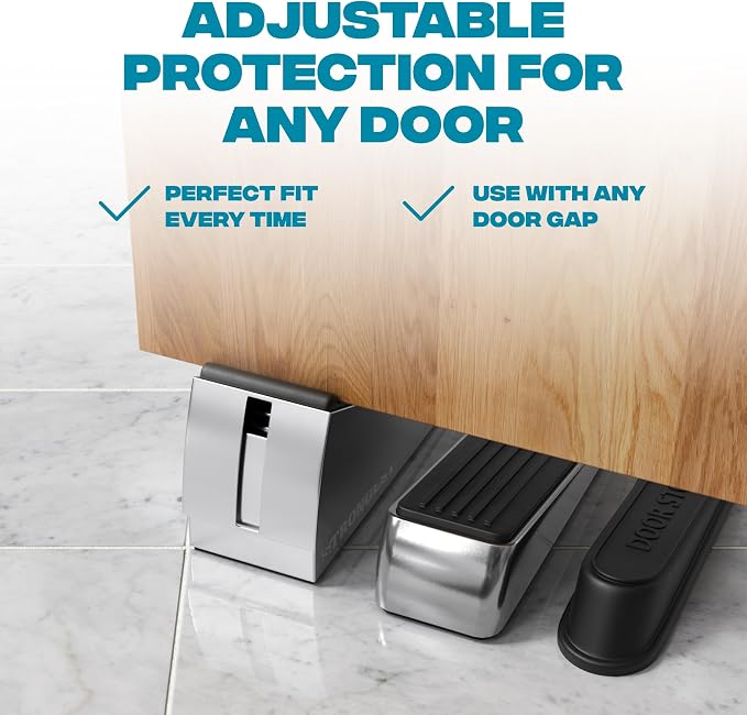 STRONGEST HOME Stoppers for Bottom of Door – Heavy Duty Metal Rubber Door Stopper, Non-Slip Door Stop for Heavy Doors, Works on Wood, Tile & Carpet Floors, Folding Chrome 1 PC + White Wall Protectors