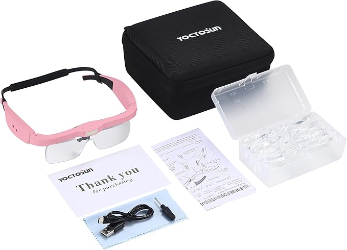 YOCTOSUN Magnifying Glasses with 3 LED Lights, Storage Case, Head Strap and 5 Detachable Lenses 0.75X,1.25X,2.0X,3.0X 4.0X, Magnifying Headset for Close Work, Jewelry, Hobby