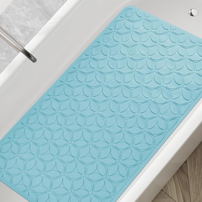 Bathtub Mat Non Slip with Suction Cups - 100% Rubber Bathroom Mat Textured for Bath Tub Shower Safety - Soft on Touch - BPA/PVC Free - Pet Dog Bath Mat - Machine Washable - 17 × 35 Inch（Blue）