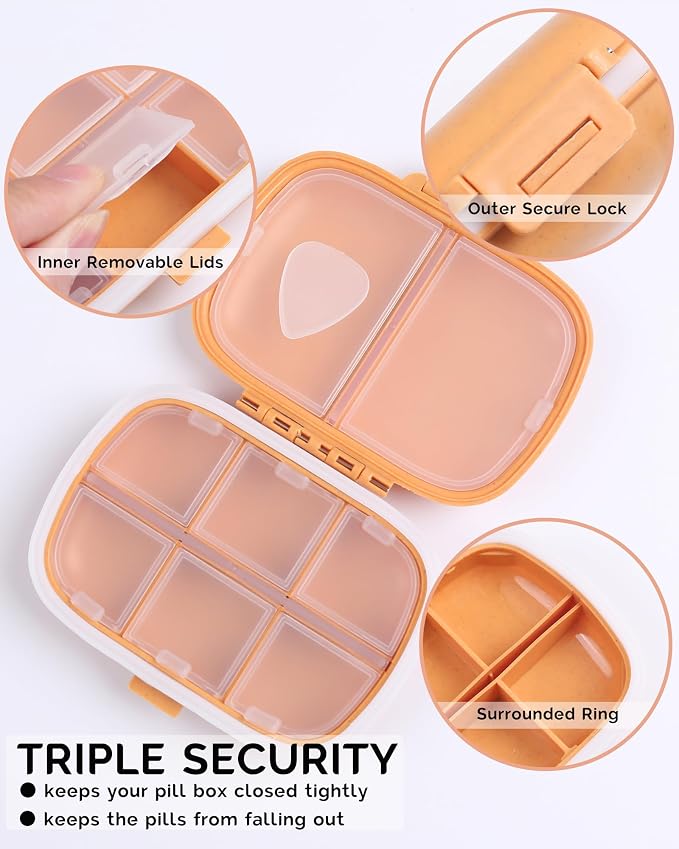 8 Compartments Travel Pill Organizer, Daily Pill Case Small Pill Box for Pocket Purse, Portable Pill Container Medicine Vitamin Organizer (Yellow)