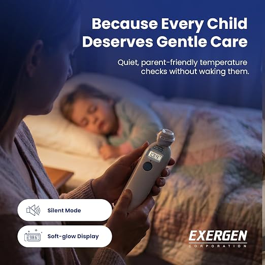 Exergen TAT-2000C Temporal Artery Forehead Thermometer for Baby Kids Adults | Displays Temperature Reading, Soft Glow, Silent Mode, Wipe Clean Sensor, 8 Reading Memory, 9V Battery Included for Family Use
