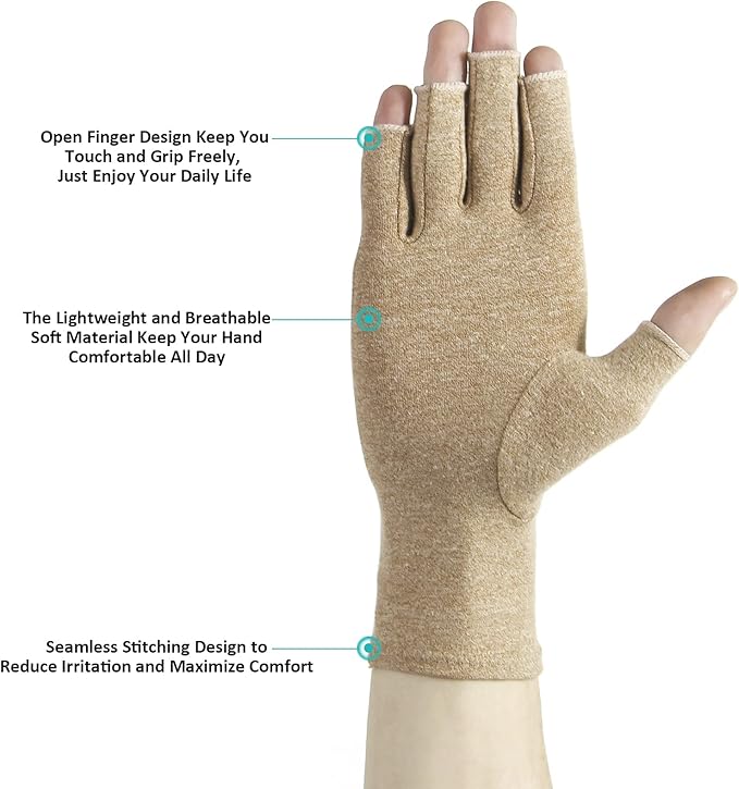 2 Pairs Arthritis Gloves Fingerless Compression Gloves for Relieve Rheumatoid Arthritis, Osteoarthritis, Carpal Tunnel, Joint Pain for Women and Men to Daily Work (Coffee, Large)