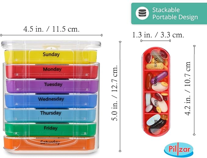 7 Day Pill Box Organizer, Hard Case with Embedded Magnet, 7 Stackable Trays, Perfect for Travel and Home Use.